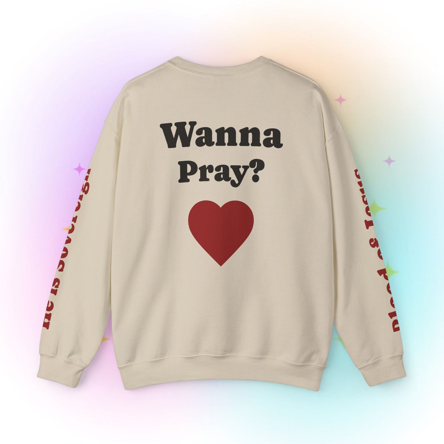Wanna Pray? Heart Graphic Crewneck Sweatshirt — Retro Silhouette Faith Pullover
